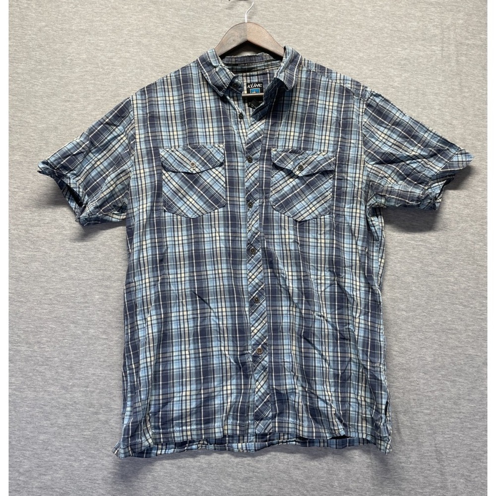 Kuhl Suncel Shirt Mens Medium Blue Multi Tartan Plaid Cotton Button Up Outdoor